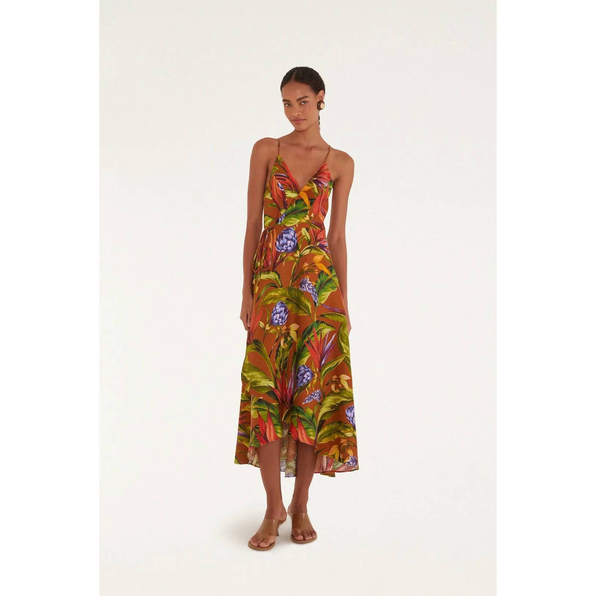 New Farm Rio Linen Midi Wrap Dress In Florart Brown